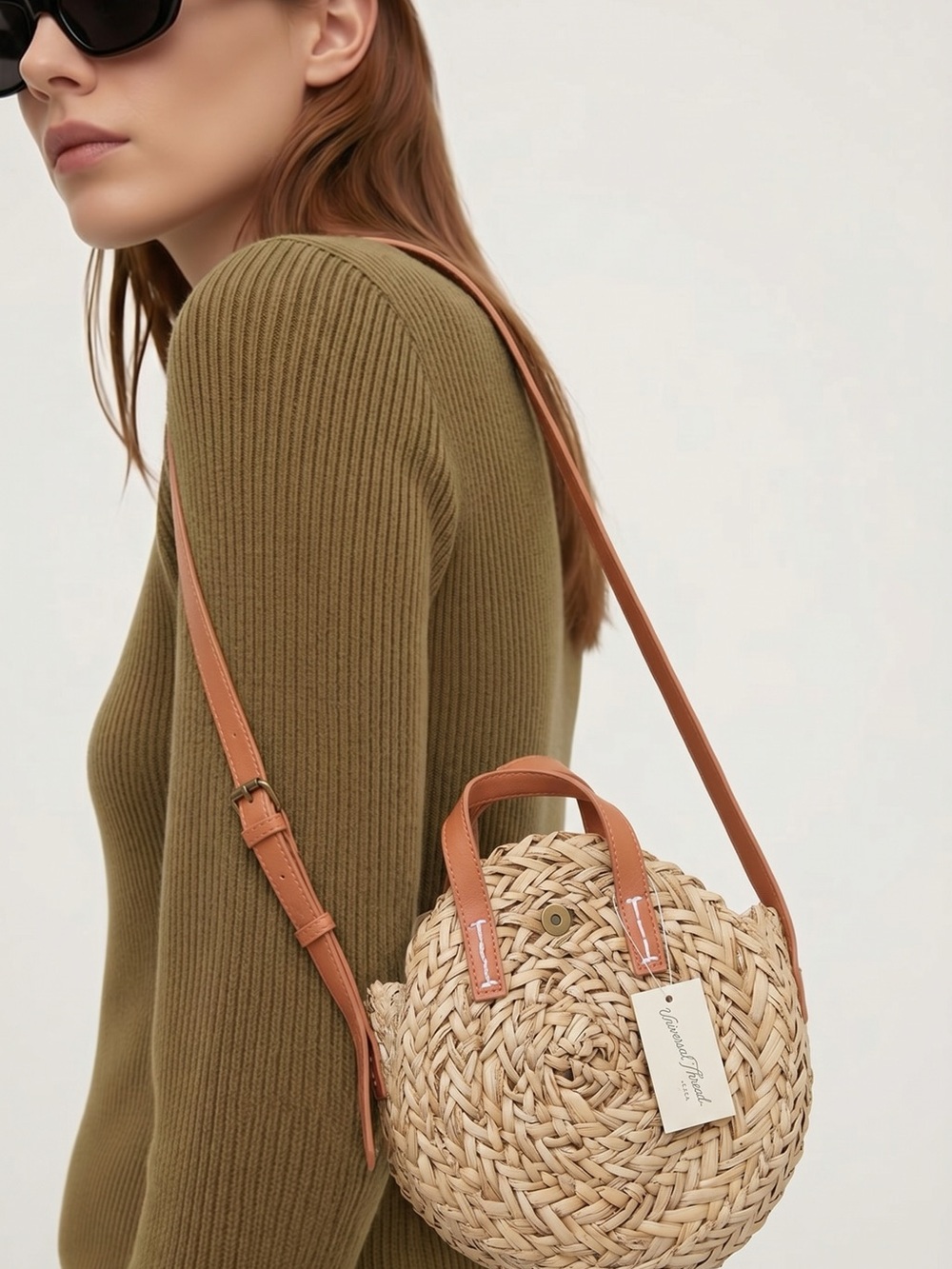 Universal Thread Natural Straw Round Crossbody with Tan Trim